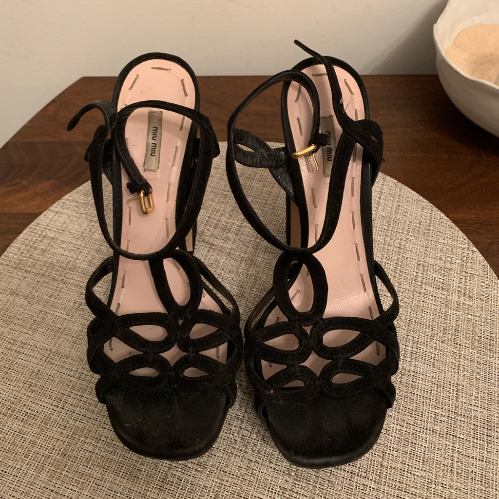 Miu Miu Strappy Platform Heels In Black Suede
